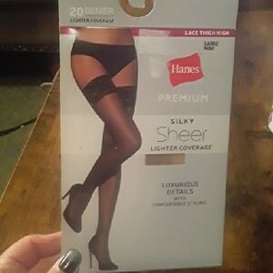 NWT Hanes Premium Silky Sheer Lace Thigh High Multiple Sizes Nude Stockings